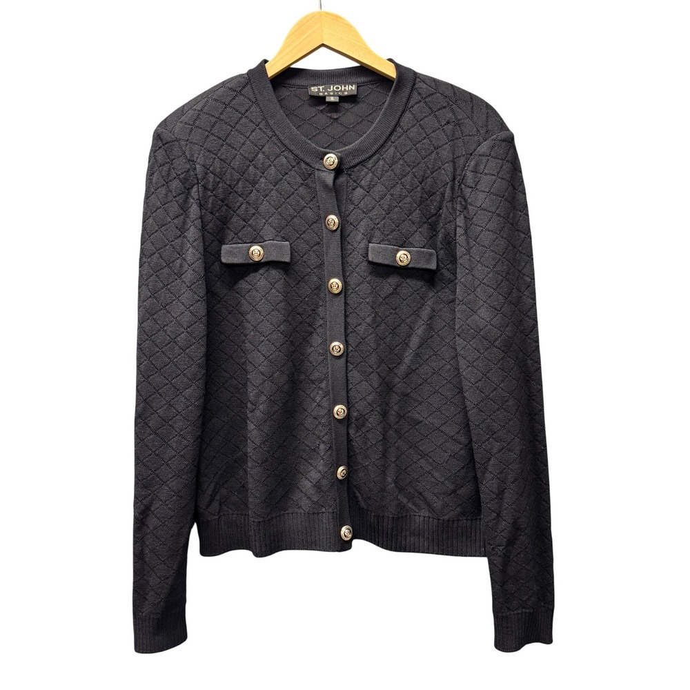 Vintage St John Cardigan Womens 16 Basics Black Quilted Knit Gold Button Sweater